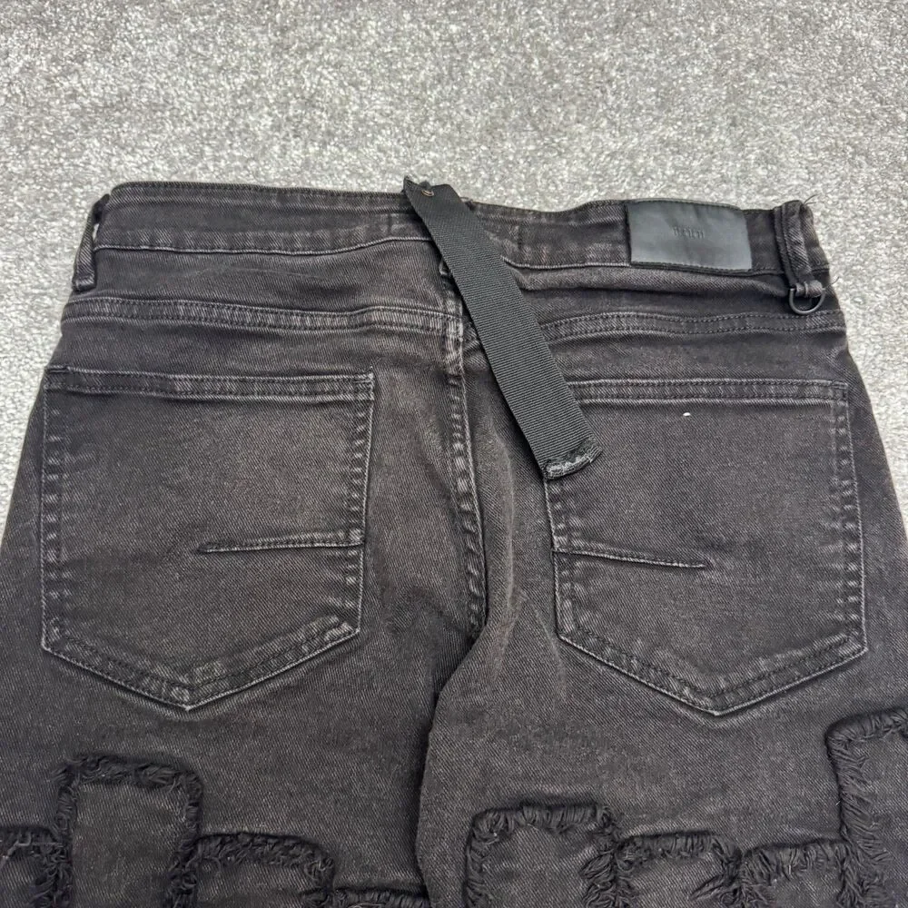 KDNK Distressed Frayed Patchwork Skinny Denim Jeans Mens 30 Black Grunge Edgy